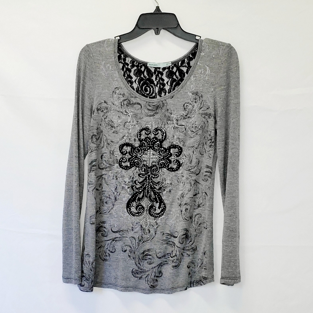 Maurices Graphic Print Long Sleeve Lace Back Top - Picture 2 of 6